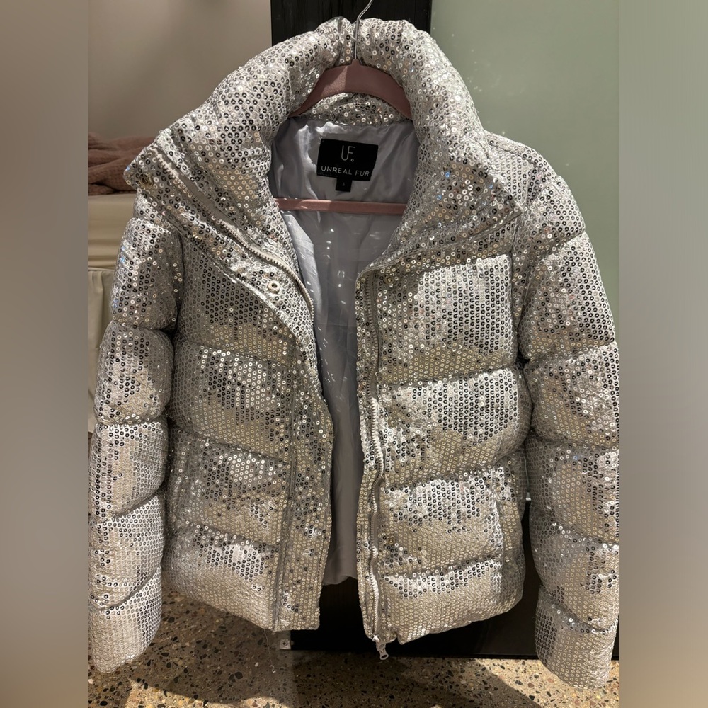 NWOT Unreal fur desire silver sequin puffer jacket